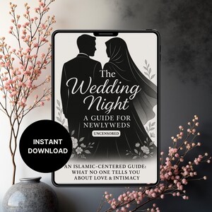 Puede incluir: Una descarga digital titulada "The Wedding Night: A Guide for Newlyweds". La portada presenta siluetas de una pareja, con la novia con hiyab. El texto incluye "Uncensored" y "Instant Download."