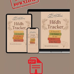 Peut inclure: Un suivi numérique Hifdh Tracker affiché sur une tablette, un téléphone et un ordinateur portable. Le design présente des accents floraux, des écritures arabes et les mots "Hifdh Tracker". L'image comprend le texte "Téléchargement instantané" et "Téléchargement numérique instantané."