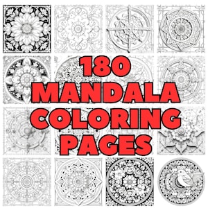 Könnte beinhalten: Eine Collage aus 180 Schwarz-Weiß-Mandala-Malvorlagen. Der Text "180 MANDALA COLORING PAGES" ist in roten Buchstaben.