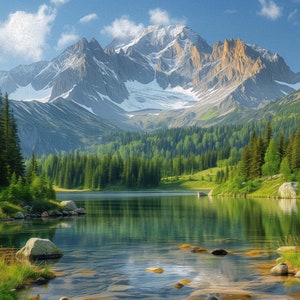 Könnte beinhalten: Eine malerische Aussicht auf einen Bergsee mit einem schneebedeckten Berg im Hintergrund. Der See ist von üppigem Grün und einem grasbewachsenen Ufer umgeben.