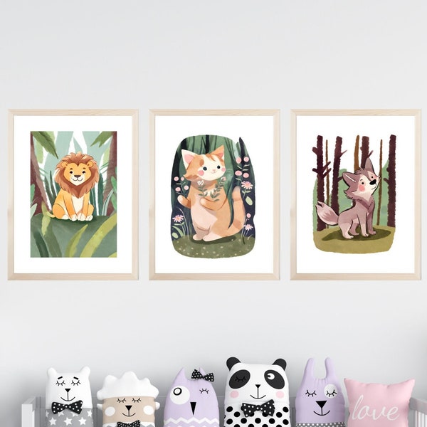 Printable Nursery Art, A3 and 11x14 inch sizes, Cuddly Animals Wall Prints, Wall Art, Set of 3 Posters, Digital Download, Nursery Prints