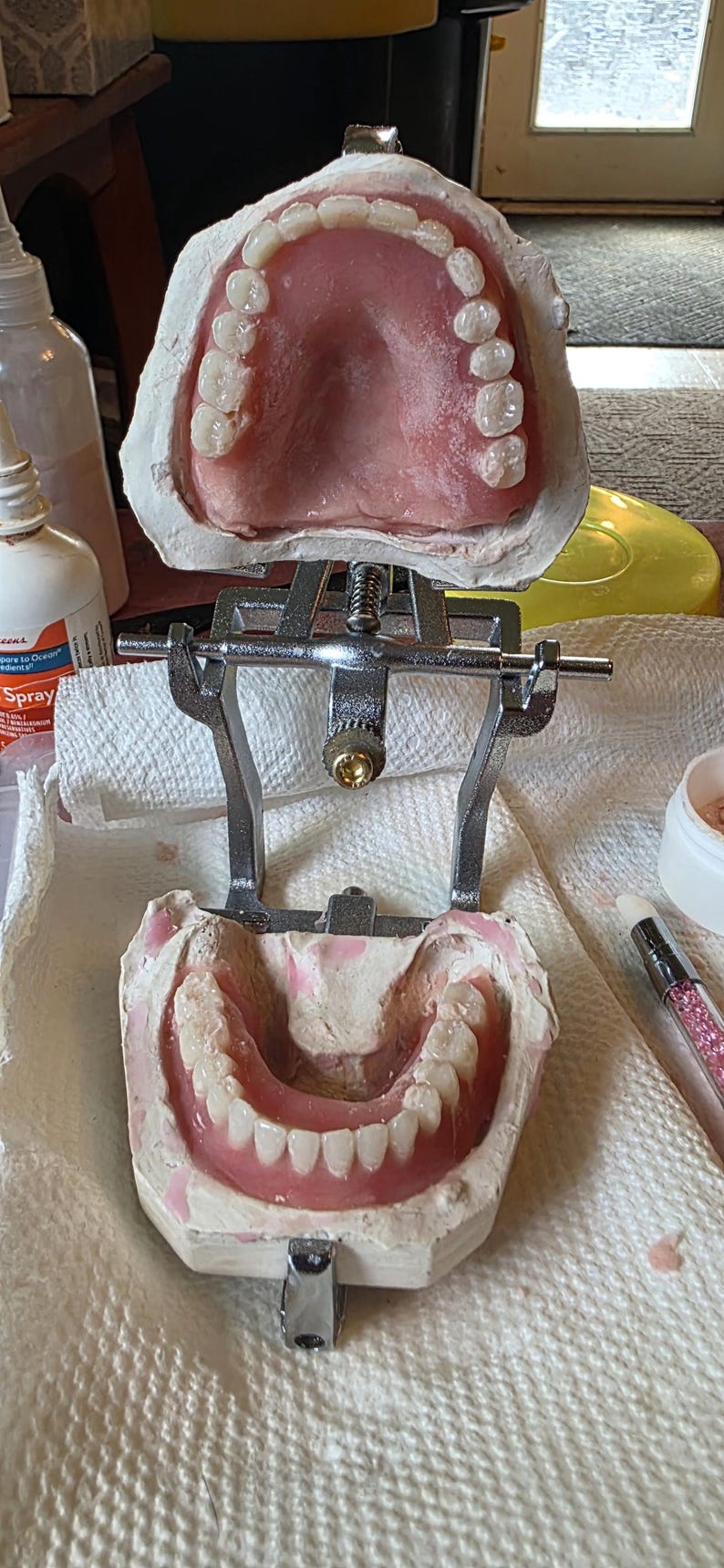 Puede incluir: Un articulador dental que sostiene moldes dentales de yeso superior e inferior con dentaduras postizas de acr&iacute;lico rosa integradas. El marco de metal cuenta con un mecanismo de tornillo central que conecta los dos modelos de yeso.