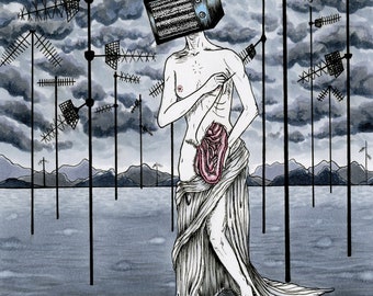 May include: A surreal illustration of a person with a television for a head standing in a field of antenna poles. The person is nude and has a pink, fleshy object protruding from their abdomen.