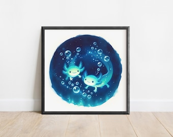 Cute Axolotl Poster, Watercolor Axolotl Print
