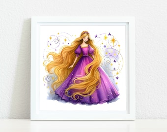 Rapunzel Poster, Princess Watercolor Art, Princess Nursery Print