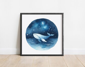 Watercolor Whale Poster, Ocean Animals Wall Art, Whale Nursery Print