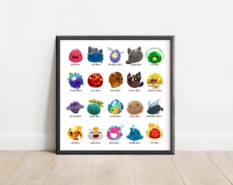May include: A chart with 20 colorful slime-like characters, each with a unique design and name. The characters are arranged in a grid with four rows and five columns. The names of the characters are listed below each character. The chart is framed in black.