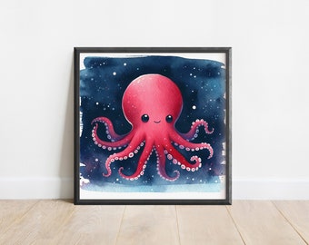 Glowing Octopus Poster, Ocean Animals Wall Art, Sea Life Nursery Print