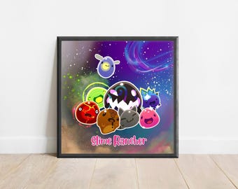 May include: A colorful poster with a galaxy background featuring a group of cartoon slime characters from the video game Slime Rancher. The poster has the text "Slime Rancher" at the bottom.