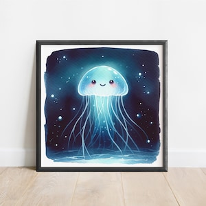 Glowing Jellyfish Poster, Ocean Animals Wall Art, Sea Life Nursery Print