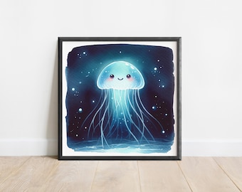 Glowing Jellyfish Poster, Ocean Animals Wall Art, Sea Life Nursery Print