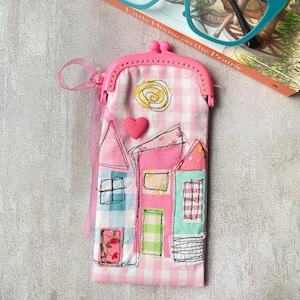 Patchwork Glasses Case, House Embroidery Eyeglass Pouch, Handmade Fabric Holder