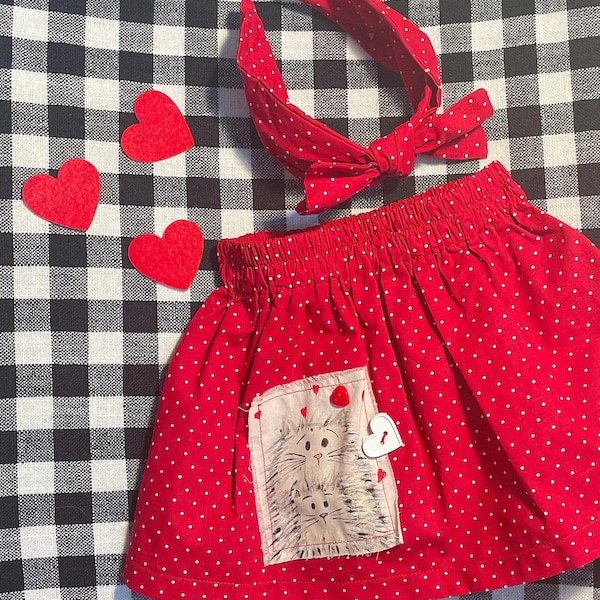 Ready to go 1-2T Red Polka Dot Valentine's Day Skirt with cat and Headband Set for Girls, Disney First Birthday Party Outfit for baby