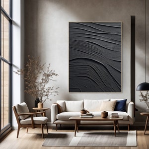 Papier peint texturé 3D minimaliste noir pur, tableau noir pour salon, grande décoration d'art mural noir, art abstrait moderne noir, art scandinave image 3