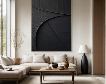 Art mural minimaliste noir pur, peinture 3D sur plâtre, art mural abstrait moderne, peinture abstraite noire sur toile, grand mur texturé