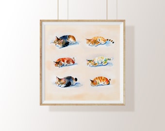 Napping Cats, Pet Wall Art, Digital Print, Watercolour Wall Art, Home Wall Decor, Watercolor, Minimalist, Large Poster, Art deco