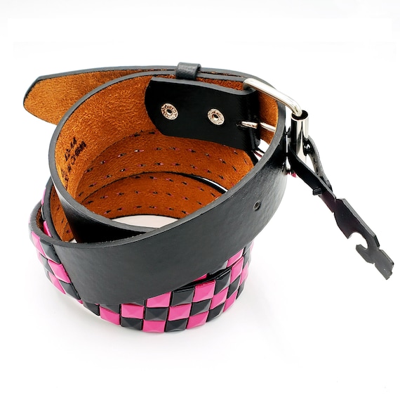Pink and Black Checkered 3-rows Pyramid Studded Belt Punk