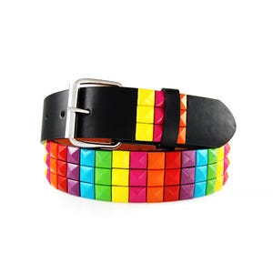 Rainbow Colors Checkered 3-Rows Pyramid Studded Belt Punk