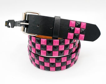 Pink and Black Checkered 3-Rows Pyramid Studded Belt Punk