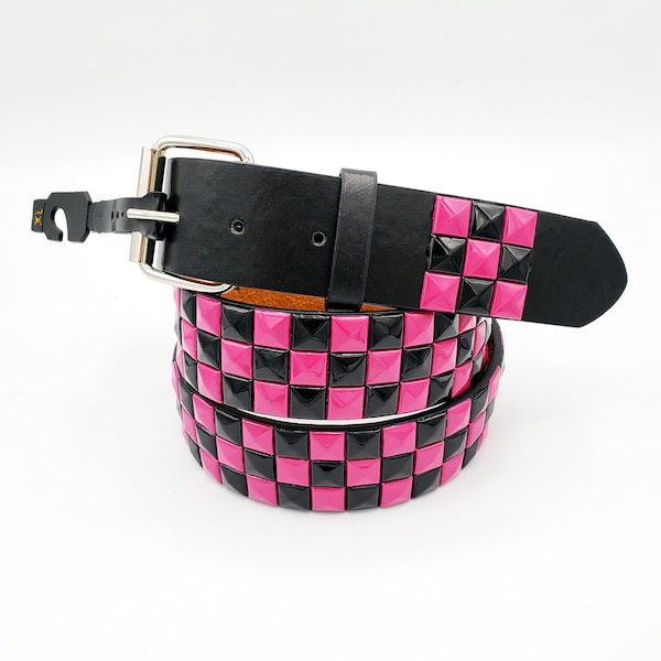 Pink and Black Checkered 3-Rows Pyramid Studded Belt Punk