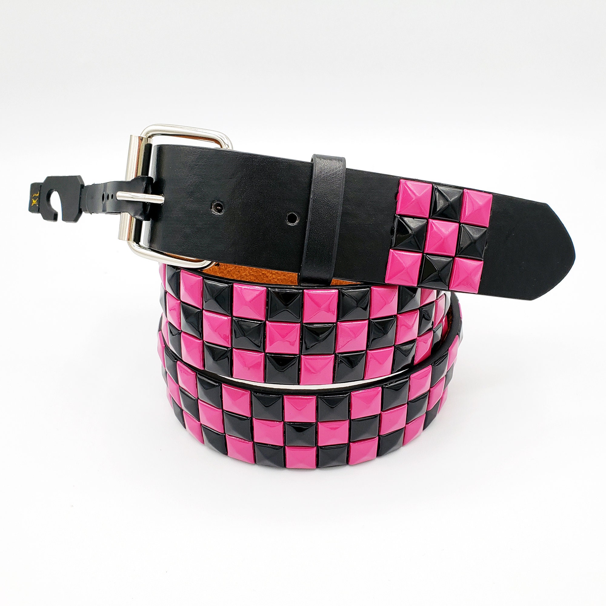 Pink and Black Checkered 3-rows Pyramid Studded Belt Punk - Etsy
