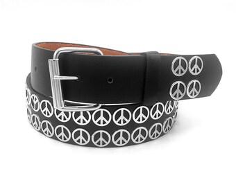 Outstanding Vintage Heavy Metal Finger Peace Sign Belt Buckle Leather Belt? Antique Peace Sign Engraved Buckle Genuine Full Grain  main image 4