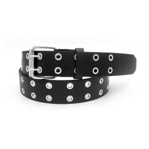 New Black Bonded Leather Belt Two Hole Double Prong Belt Web Belt Metal Buckle