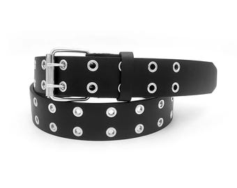 New Black Bonded Leather Belt Two Hole Double Prong Belt Web Belt Metal Buckle