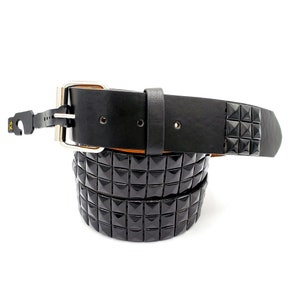 All Black Checkered 3-Rows Pyramid Studded Belt Punk