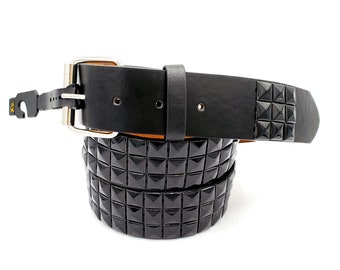 All Black Checkered 3-Rows Pyramid Studded Belt Punk