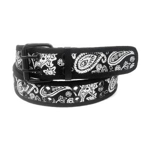 May include: Black belt with a white paisley pattern. The belt has a black metal buckle and eyelets. The fabric is a sturdy canvas material. The belt is a stylish accessory.