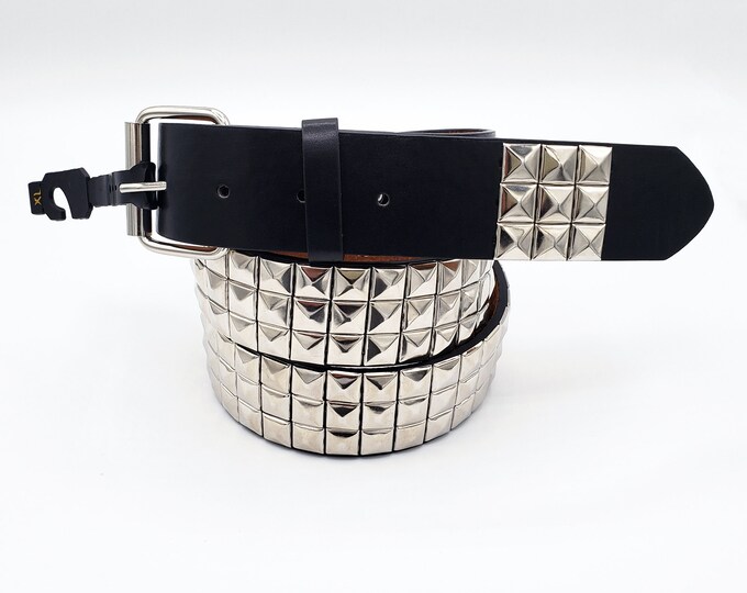 Silver Metal Studs Unisex 3-Rows Pyramid Studded Belt Punk