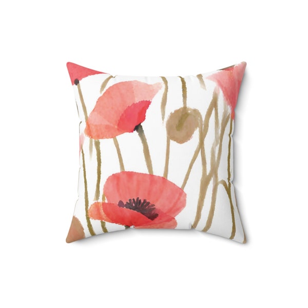 Red Watercolor Poppies Print Pillow, Decorative Pillow, red flower cushion, red poppies, pillow sham, toss pillow, watercolor flower