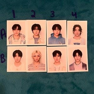 May include: Eight passport-style photos arranged in two rows of four. Each photo features a person with different hairstyles and outfits. The background is a teal-colored fabric.