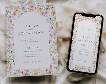 Wildflower Printable Wedding Invitation, Whimsical Wedding Invite Suite, Floral Invitation Template Suite, Digital Floral Invite Set, BP003