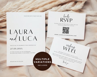 Printable Wedding Invitation with QR Code, Minimalist Wedding Invite Suite, RSVP QR, Minimal Invite, Simple Editable Invite Template, BP001