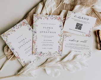 Wildflower Wedding Invitation Set, Whimsical Wedding Invite Suite, Floral Invitation Template Suite, Printable Spring Invite Set, BP003