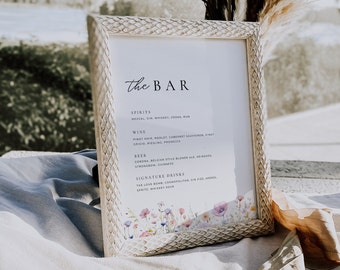 Plantilla de menú de bar de flores silvestres, letrero de recepción de boda floral, letrero de mesa de bebidas exclusivas, señalización de menú de cócteles, señalización de bar de bodas, BP003