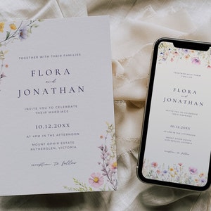Wildflower Digital Wedding Invitation, Whimsical Wedding Invite Suite, Floral Invitation Template Suite, Printable Spring Invite Set, BP003