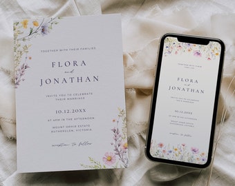 Wildflower Digital Wedding Invitation, Whimsical Wedding Invite Suite, Floral Invitation Template Suite, Printable Spring Invite Set, BP003