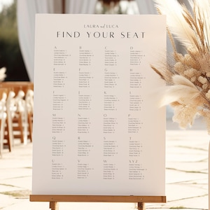 Grafico dei posti a sedere in ordine alfabetico minimalista, modello di grafico dei posti a sedere per matrimoni, piano dei posti a sedere in alfabeto per nome, segno del grafico dei posti a sedere modificabile, BP001