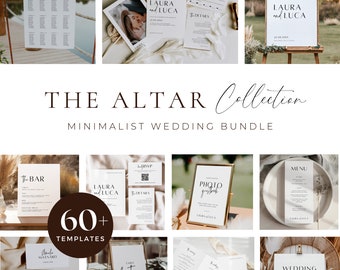 Könnte beinhalten: Eine Sammlung minimalistischer Hochzeitsschablonen mit rustikalem Thema. Die Vorlagen umfassen einen Sitzplan, eine RSVP-Karte, eine Detailkarte, ein Menü, eine Barkarte, ein Schild für ein Foto-Gästebuch, ein Tischnummernschild und ein Schild für die Hochzeitszeremonie. Der Text auf den Schildern lautet "Laura und Luca".