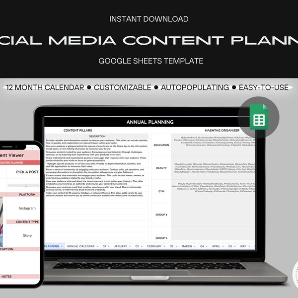 2024 Content Calendar Google Sheets, Content Planner, Customizable, Social Media Calendar, Social Media Marketing Plan