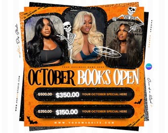 May include: A promotional flyer with an orange background featuring three circular photo frames of individuals, a skeleton graphic, and the text OCTOBER BOOKS OPEN. It includes two black horizontal bars with crossed-out prices and discounted rates.
