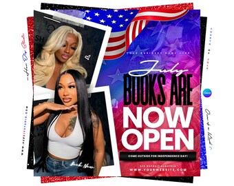 Puede incluir: Un gráfico promocional con dos mujeres, una con cabello rubio y la otra con cabello largo y negro. El gráfico tiene un diseño de bandera estadounidense y el texto "July Books Are Now Open" con un llamado a la acción para el Día de la Independencia.