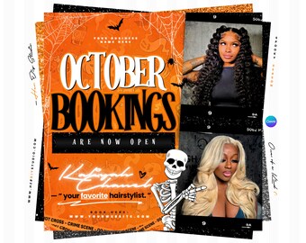May include: A promotional flyer for October bookings featuring an orange background with spiderweb patterns, bats, and a skeleton graphic. It includes text reading OCTOBER BOOKINGS ARE NOW OPEN and two photographic inserts showing different hairstyles.