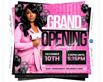 Puede incluir: Un folleto de gran inauguración rosa y negro con una persona en blazer rosa sosteniendo un secador de pelo blanco. El texto dice GRAND OPENING EVENT, DECEMBER 10TH, 1:30PM UNTIL 5:15PM, MUSIC, REFRESHMENTS, FREE DRINKS & MORE y el contacto 800.507.1300.