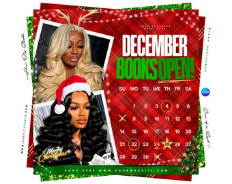 May include: A festive Christmas-themed graphic with a red and green plaid background. It features two women's portraits, a calendar, and the text "DECEMBER BOOKS OPEN!" The calendar highlights dates with circles and stars.