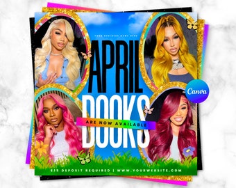 April Booking Flyer, April Books Are Open, Easter April Hair Makeup MUA Lashes Locs Braids Wigs Esthetician Nails Flyer, April 2024 Calendar