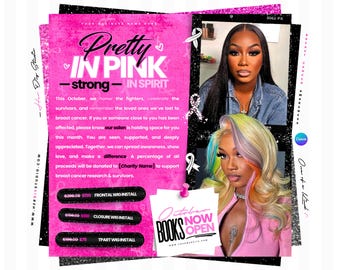 May include: A promotional flyer for breast cancer awareness featuring a pink background with text reading Pretty in Pink, strong in spirit, and October Books Now Open. Two photographs show individuals with different hairstyles and hair colors.